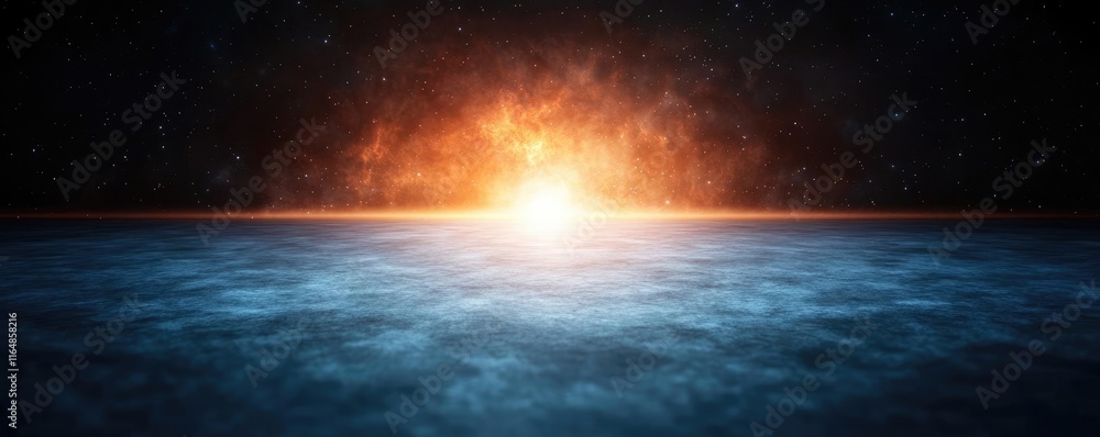 Poster Cosmic abstract background concept. A stunning view of a bright cosmic event behind a vast ocean backdrop.
