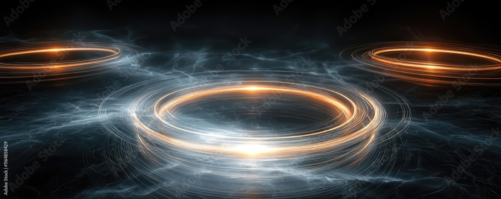 Poster circles abstract background idea. futuristic abstract rings of light floating in a cosmic dark space