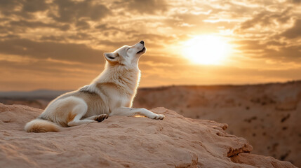 serene white wolf howls at sunset on rocky cliff