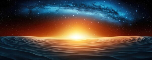 Obraz premium Cosmic abstract background concept. Stunning sunrise over a tranquil ocean with a galaxy backdrop, showcasing cosmic beauty.