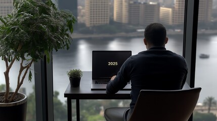 Egyptian Professional Discussing 2025 Milestones in Nile-View Office