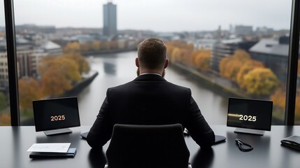 Irish Professional Discussing 2025 Innovations in River View Office