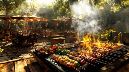 Outdoor barbecue with food skewers and tables in a sunny garden.