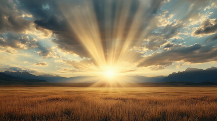 Breathtaking sunset over golden field with dramatic rays of light
