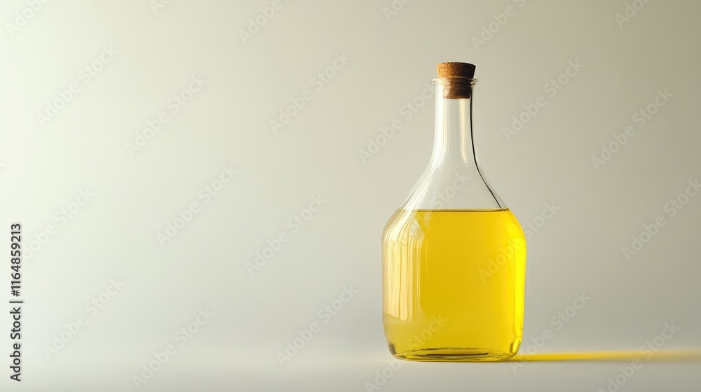 Poster a clear glass flask filled with bright yellow liquid, standing tall against a plain white background