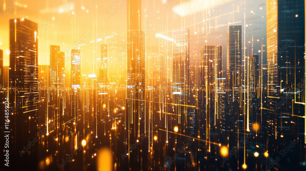 Poster futuristic cityscape with digital lines and data points, representing the integration of ai in urban