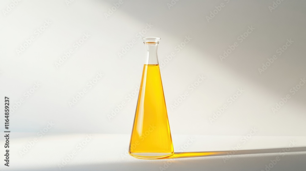 Poster a clear glass flask filled with bright yellow liquid, standing tall against a plain white background