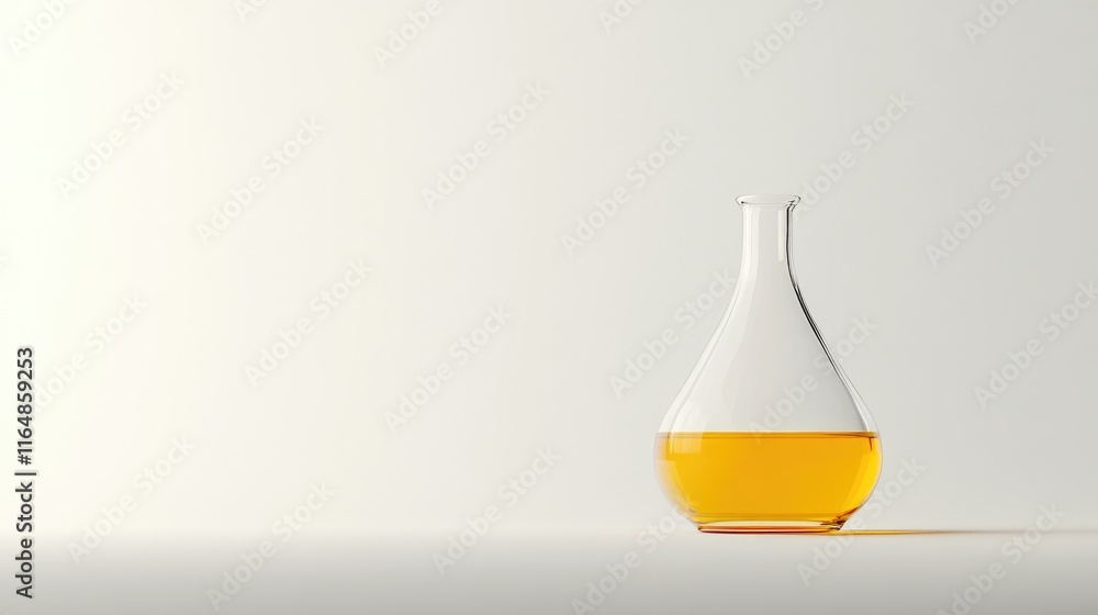 Poster a clear glass flask filled with bright yellow liquid, standing tall against a plain white background