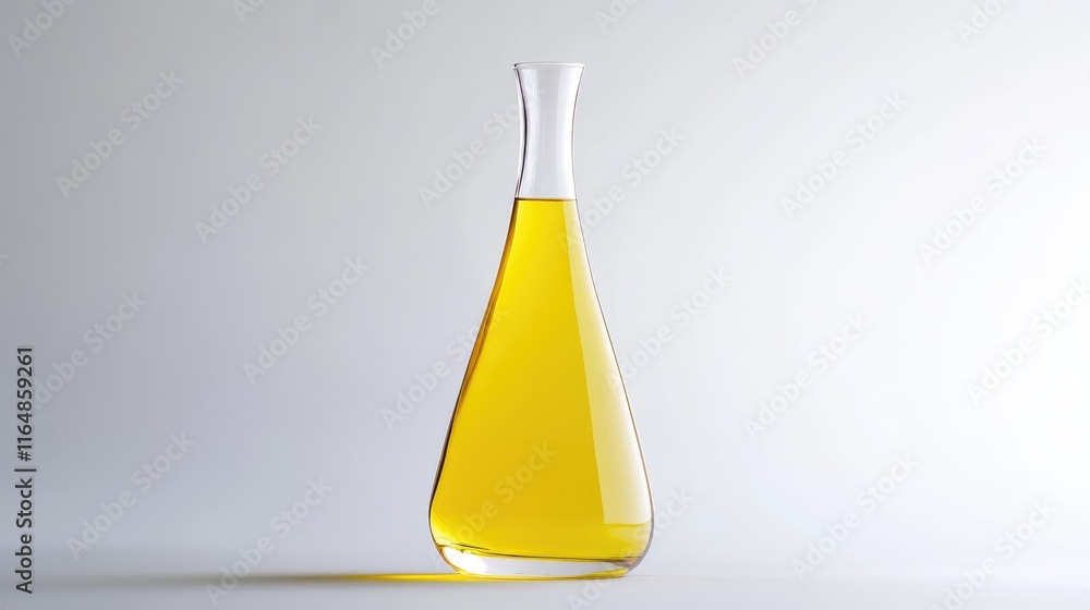 Aufkleber a clear glass flask filled with bright yellow liquid, standing tall against a plain white background