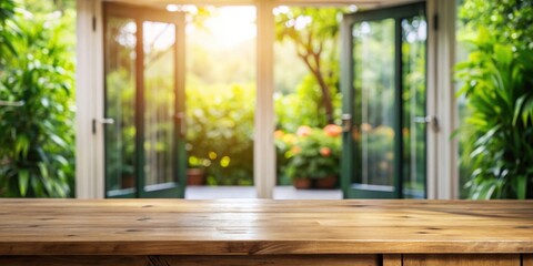 Fototapeta premium Sunlit Wooden Tabletop Against a Blurred Garden Background