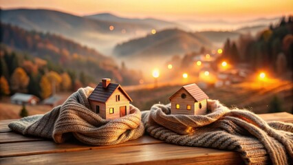 Cozy autumn evening miniature houses nestled in warm scarves against a breathtaking sunset mountain backdrop