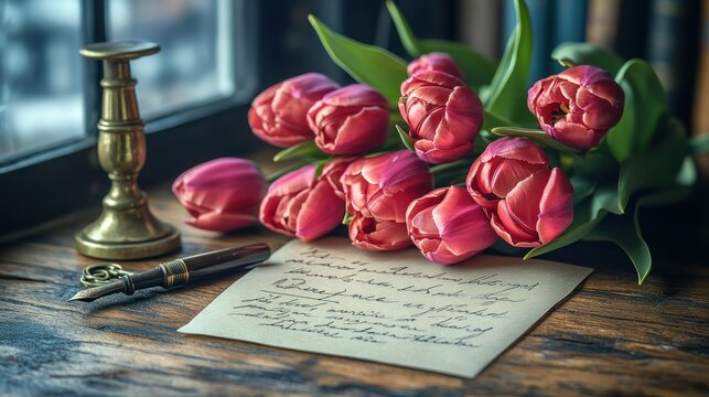Romantic red tulips bouquet with handwritten letter and antique pen on wooden table near window. - Powered by Adobe