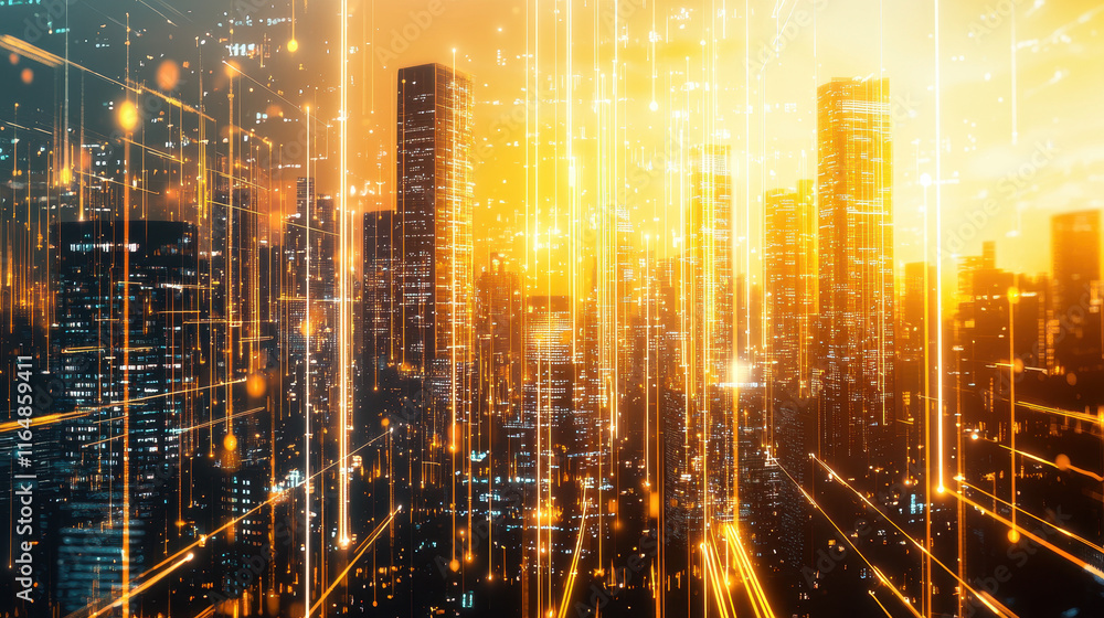 Poster futuristic cityscape with digital lines and data points, representing the integration of ai in urban