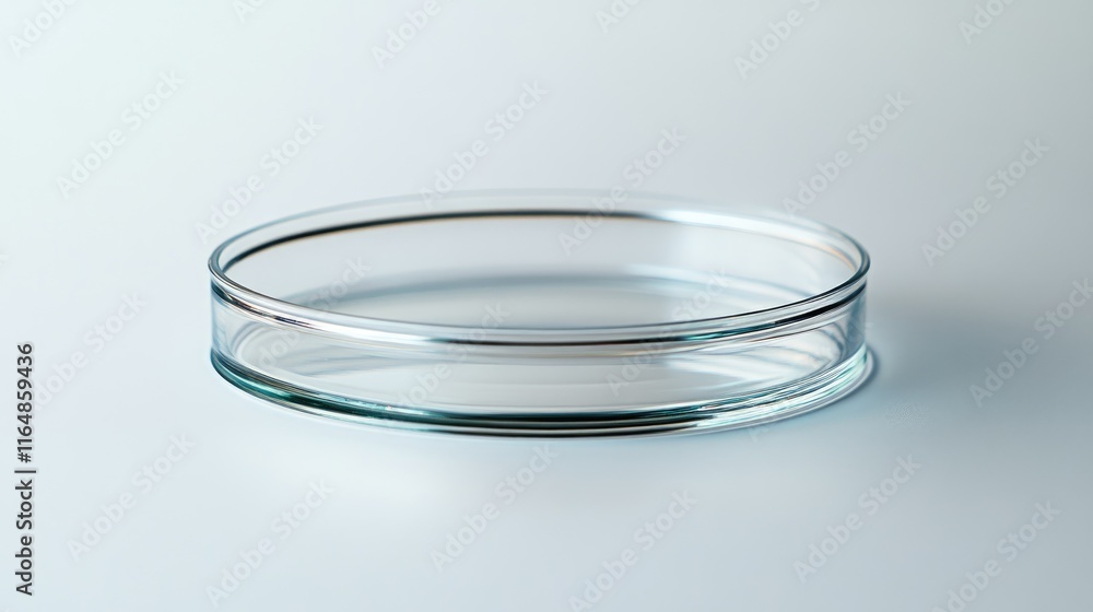 Poster a close-up of a scientific petri dish viewed from the side, isolated on a clean white background, em