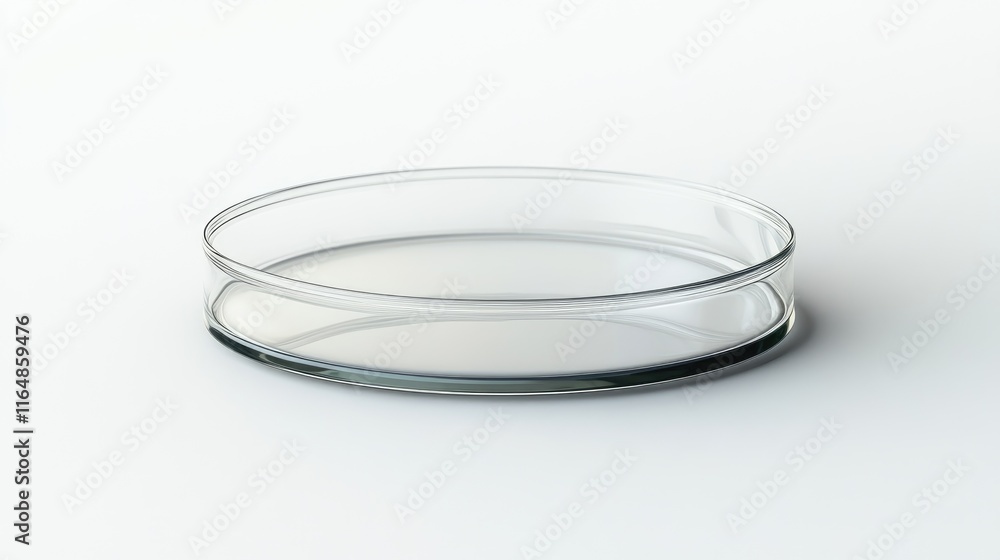 Poster a close-up of a scientific petri dish viewed from the side, isolated on a clean white background, em