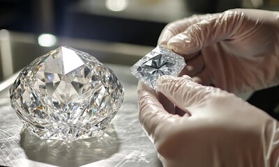 A gloved hand is polishing a large, sparkling diamond on a reflective surface. - Powered by Adobe