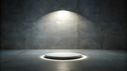 Empty circular platform in a minimalist concrete setting illuminated by a single spotlight