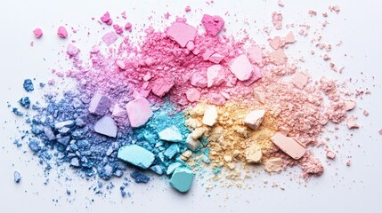 Fototapeta premium A colorful top-down view of broken eyeshadow powders in pastel and vivid hues, scattered artistically on a smooth white surface