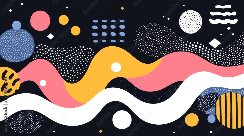 Poster Abstract background with colorful wavy shapes and geometric patterns on black.