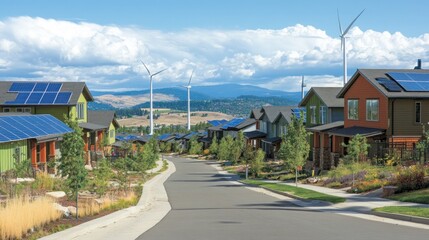 A neighborhood of eco-friendly homes with vibrant solar panels, wind turbines in the distance, sunny and cheerful atmosphere