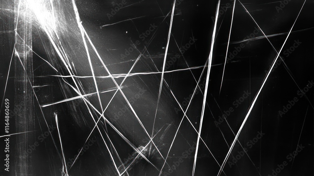 Poster abstract black and white image of intersecting white lines, resembling scratches or cracks, on a dar