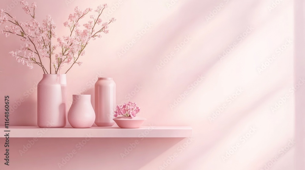 Poster a cute, modern pink shelf and table setup in a soft pink room, adding a touch of personality and cha