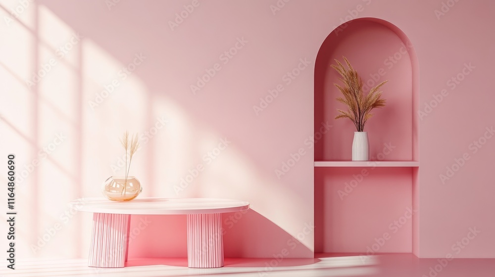 Poster a cute, modern pink shelf and table setup in a soft pink room, adding a touch of personality and cha