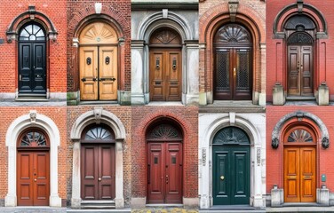 Fototapeta premium Collage of twelve arched, vintage wooden doors in various colors and styles.