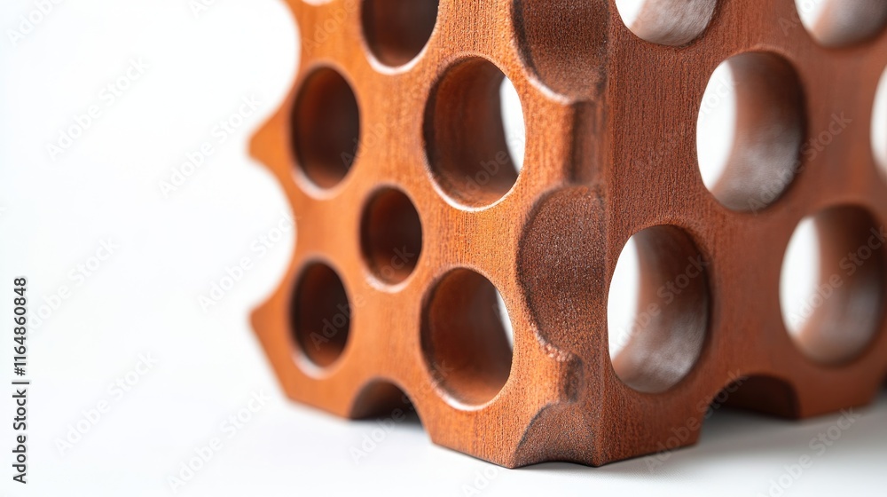 Poster a detailed close-up of a red ceramic brick gate with complex brickwork, placed on a white surface, s