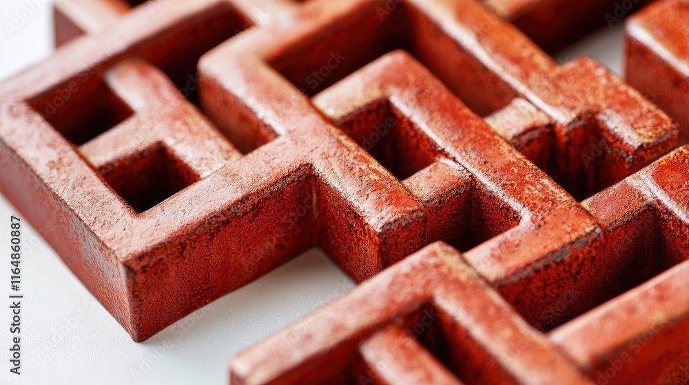 Poster a detailed close-up of a red ceramic brick gate with complex brickwork, placed on a white surface, s
