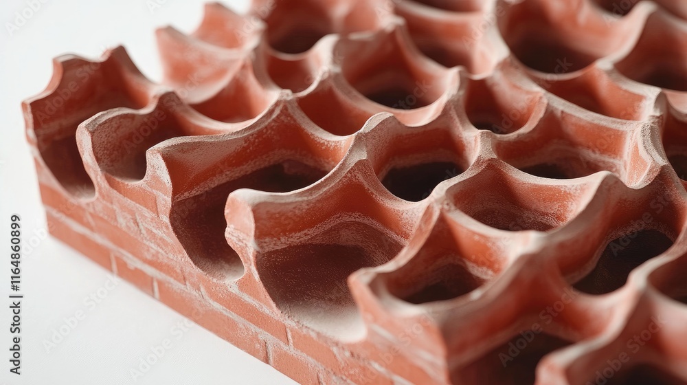Poster a detailed close-up of a red ceramic brick gate with complex brickwork, placed on a white surface, s