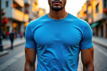 Fit Man in Blue T-Shirt Mockup Standing on Urban Street at Sunset