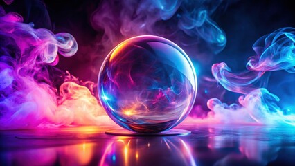 A Crystal Sphere Enveloped in Vibrant, Swirling Smoke, Illuminated by Neon Lights
