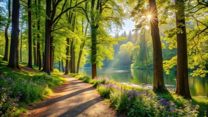 Fototapeta premium Serene Pathway Winding Through a Sun-Dappled Forest Beside a Calm River, Illuminated by Golden Sunlight