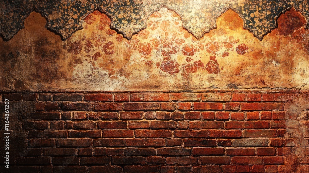 Aufkleber a detailed view of a red brick wall with intricate patterns and aged textures, illuminated by soft l