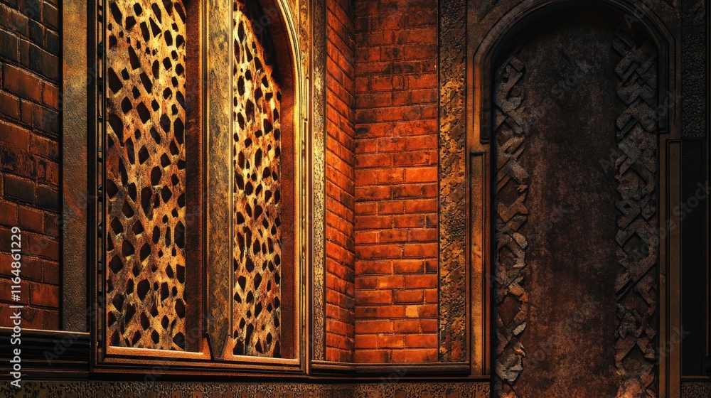 Poster A detailed view of a red brick wall with intricate patterns and aged textures, illuminated by soft lighting, highlighting the natural wear and charm