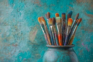 Colorful paintbrushes in a rustic vase against a teal background.
