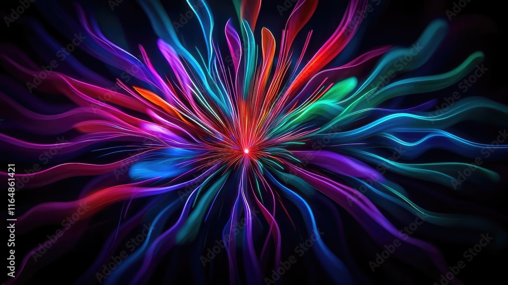 Poster fireworks abstract background idea. vibrant abstract design with colorful flowing lines on a dark ba