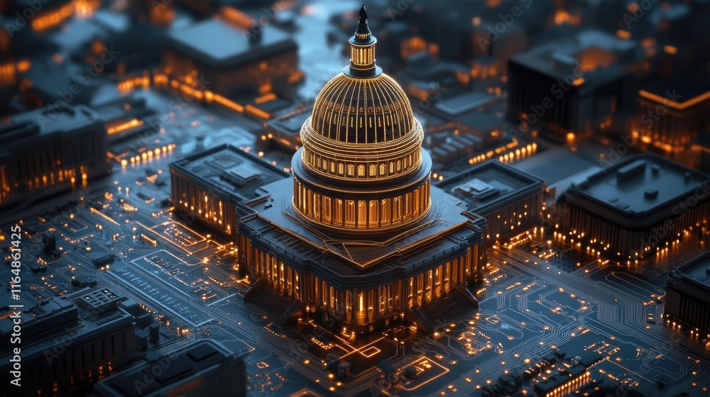 Poster a digital, circuit board version of the u.s. capitol building, illuminated with internal and surroun