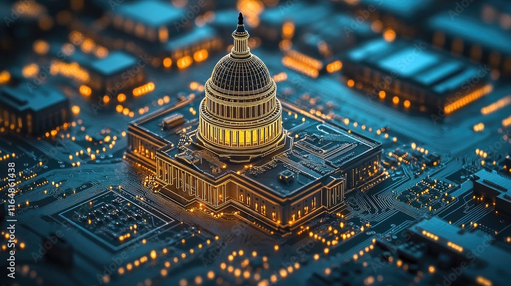 Poster a digital, circuit board version of the u.s. capitol building, illuminated with internal and surroun