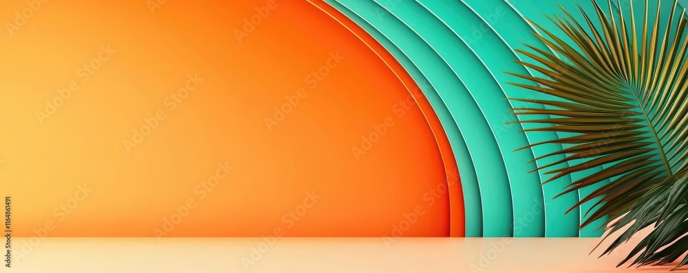 Poster circles abstract background idea. vibrant abstract background with colorful shapes and palm leaves, 