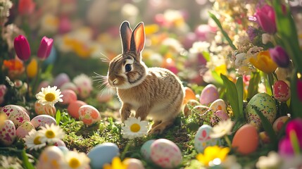 A bunny hopping through a colorful Easter garden with daisies, tulips, and pastel eggs scattered on the ground 