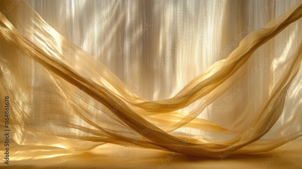 Poster A dramatic streak of golden fabric captured in motion, creating a vibrant and abstract background filled with warmth and elegance