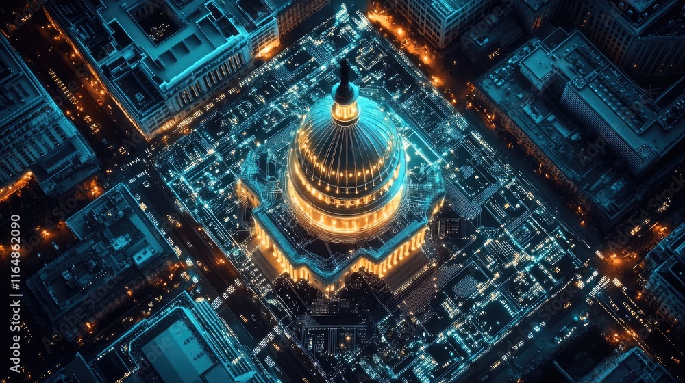 Poster a futuristic interpretation of the u.s. capitol building, constructed from circuit boards, with glow