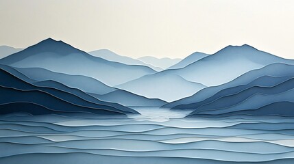 Paper art landscape of blue mountains and water.