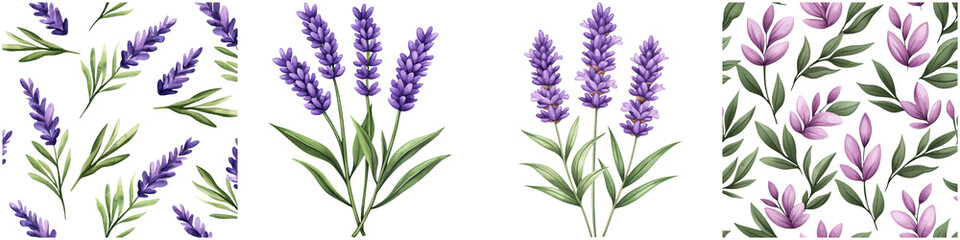 Naklejka premium Watercolor lavender design and flower logo, Floral design featuring clusters of lavender and pink flowers with green leaves, showcasing vibrant colors and intricate detailing.