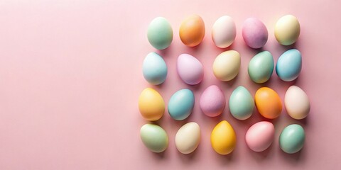 Pastel-colored eggs arranged in a grid on a pink background, a festive spring or holiday image