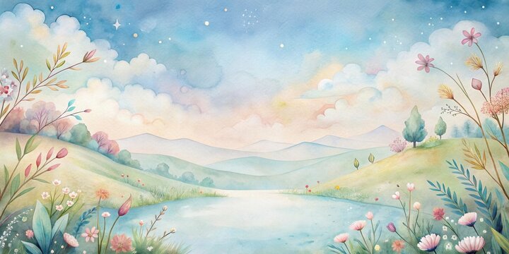 Serene Watercolor Landscape of Rolling Hills, a Calm Lake, and Vibrant Flowers Under a Starry Sky