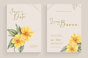 Double side modern wedding invitation template with yellow flower watercolor arrangement