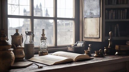 Open book, old flasks, desk, and city view.
